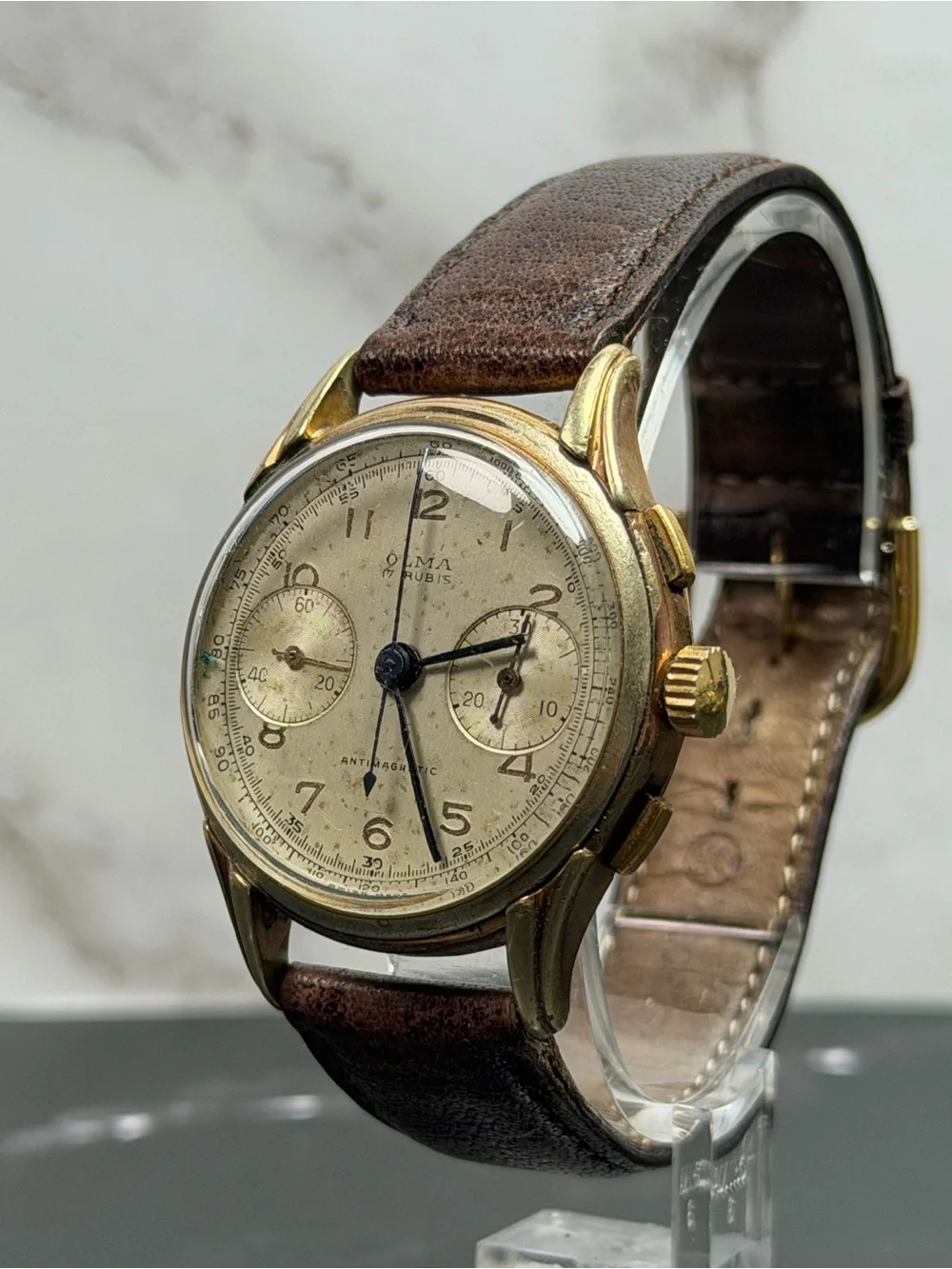 Vintage Olma Swiss Chronograph Manual Wind Gold Plated Watch Running
